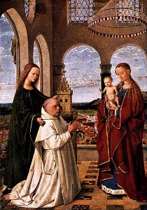 Petrus christus, madonna col bambino, santa e un monaco donatore. Free illustration for personal and commercial use.