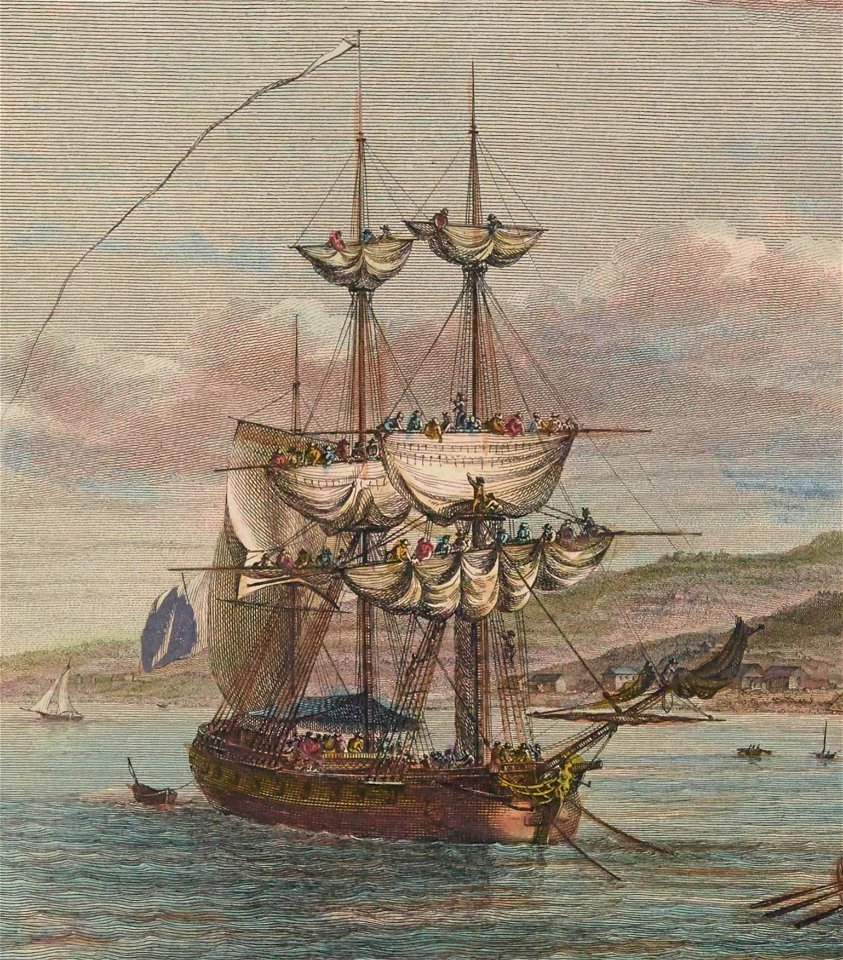 Petite frégate avec ses gabiers à la manoeuvre dans les eaux de la Guadeloupe en 1776