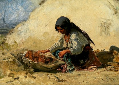 August von Pettenkofen - Zigeunermädchen wickelt ein Baby