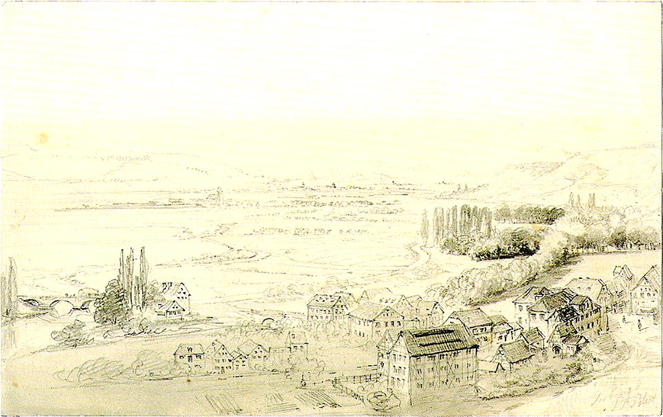 PF Peters - Blick auf Neckarvorstadt mit Derendingen, Bleistift ca1850 Inv.303.27 (SW213C)