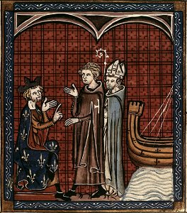 Philip Augustus being visited by the Patriarch of Jerusalem and the Master of the Temple, Grandes chroniques de France, Royal 16 G.VI, f.337, c. 1332-1350 (22716457715)