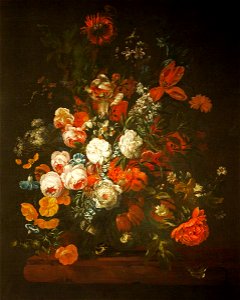 Philip van Kouwenberg (1671-1729) - An Arrangement of Tulips and Roses on a Stone Ledge with a Lizard - 453775 - National Trust