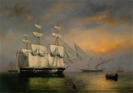 Philip John Ouless - The Royal Yacht Fairy with Queen Victoria on board, making her way through ships of the fleet anchored in Spithead