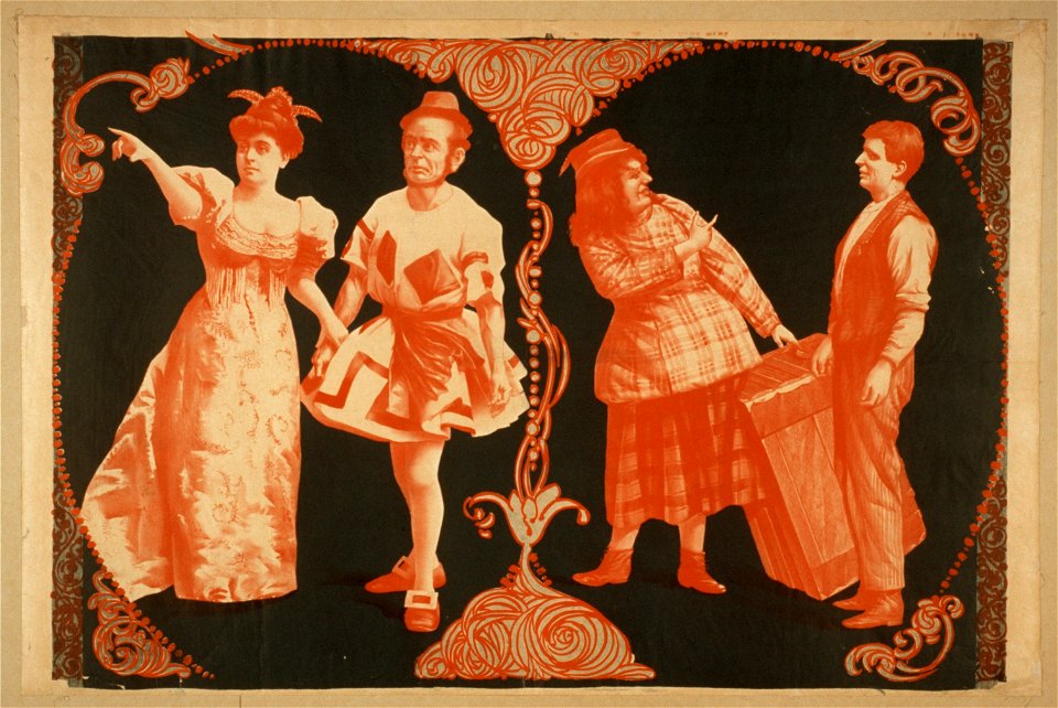 Phil Sheridan's New City Sports Company woman in lowcut dress pointing, two male comedians in women's clothing, and one man in regular clothing) LCCN2014635723