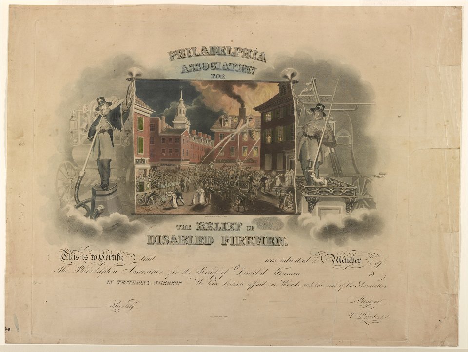 Philadelphia Association for the Relief of Disabled Firemen - drawn and engraved by J.R. Smith, writing engraved by J. & W.W. Warr. LCCN2011645499