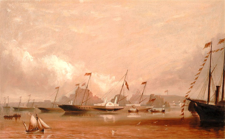 Philip John Ouless -The Royal Yacht Victoria and Albert disembarking its royal visitors outside St. Helier Harbour