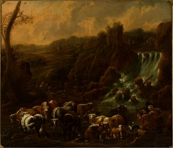 Philipp Peter Roos - Cattle at the waterfall - M.Ob.2459 MNW - National Museum in Warsaw. Free illustration for personal and commercial use.