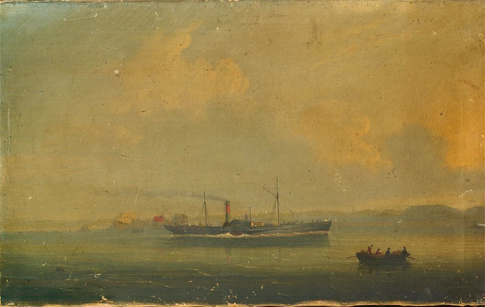 Philip John Ouless - The Jersey-St.Malo paddle steamer 'Superb' outward bound from St.Helier, with Elizabeth Castle off her stern