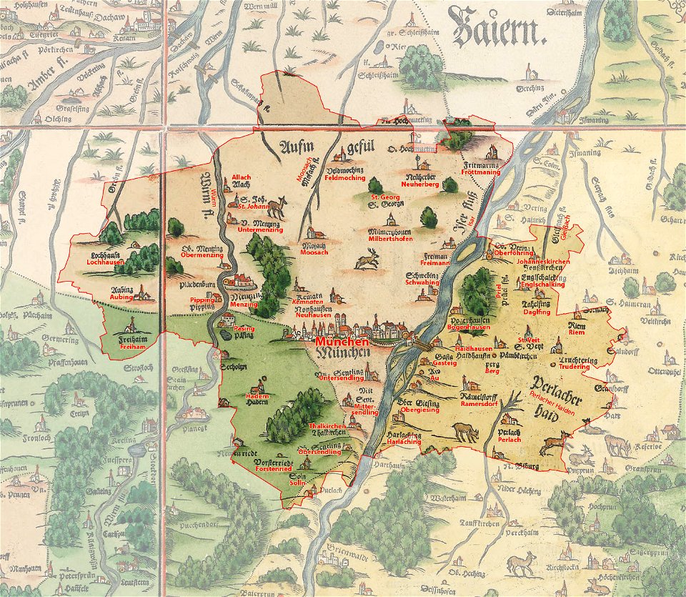 Philipp Apian - Bairische Landtafeln von 1568 - Ausschnitt München (Gegenüberstellung)