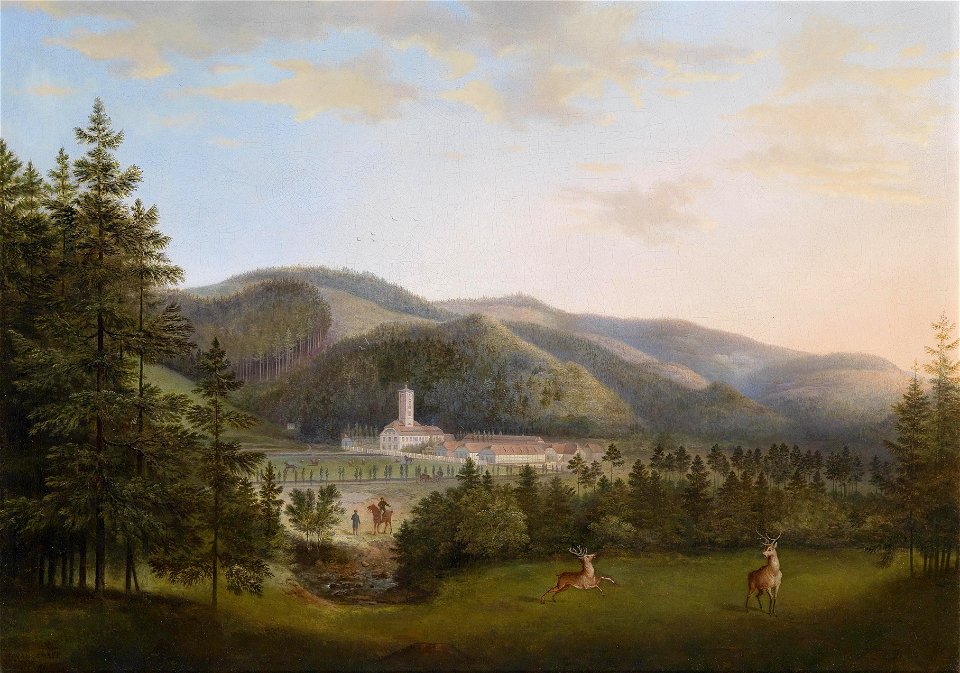 Philipp Wanschaffe Rotwild und Jäger vor Gutshaus