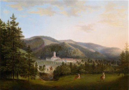 Philipp Wanschaffe Rotwild und Jäger vor Gutshaus