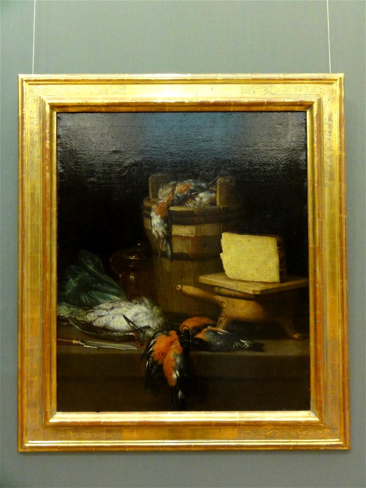 Philips Angel — Stilleben mit Butt(er)fass, Käse und Vögeln