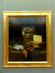 Philips Angel — Stilleben mit Butt(er)fass, Käse und Vögeln