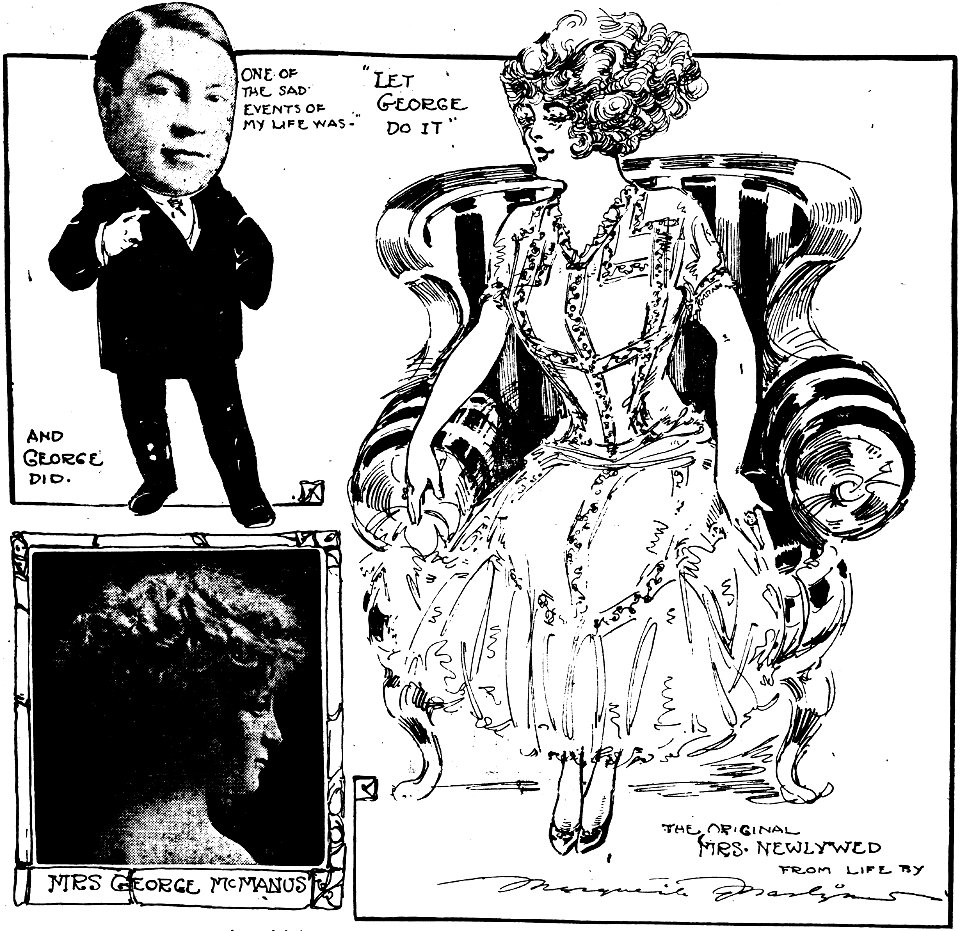 Photo of George McManus and sketch of his wife, put together by Marguerite Martyn, 1910