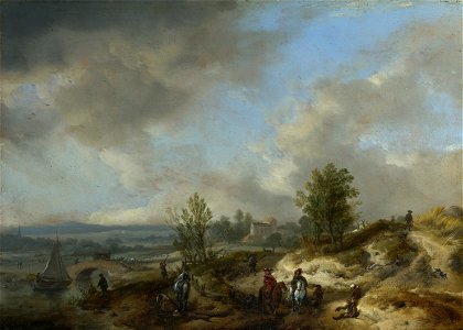 Philips Wouwerman - A Dune Landscape with a River and Many Figures (1660s). Free illustration for personal and commercial use.
