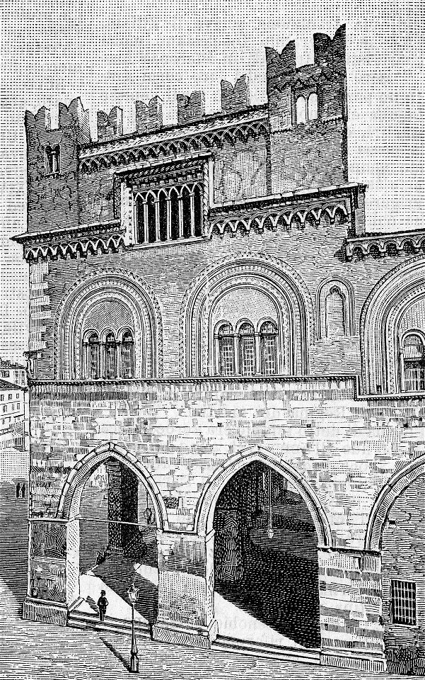 Piacenza – Lato ovest del palazzo del Comune (xilografia)