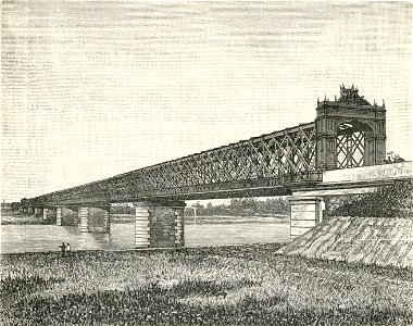 Piacenza veduta del ponte in ferro sul Po xilografia