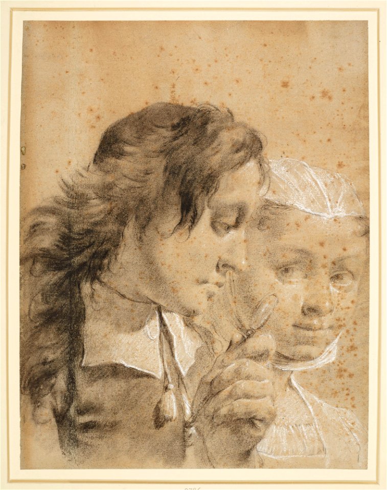 Piazzetta - The head of a girl in a white cap and a youth looking through a glass c. `1730-50, RCIN 990786