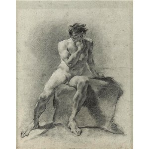Piazzetta - A SEATED MALE ACADEMY, RESTING HIS CHIN IN ONE HAND, lot.111. Free illustration for personal and commercial use.