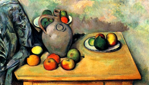 Pichet et fruits sur une table, par Paul Cézanne, Yorck. Free illustration for personal and commercial use.