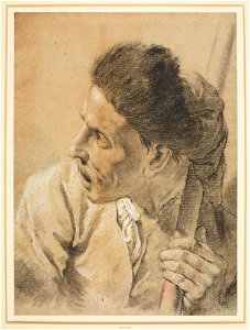 Piazzetta - The head of a man in a fur cap holding a staff c. 1730-50, RCIN 990787