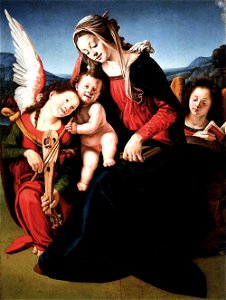 Piero di cosimo, madonna col bambino e due angeli. Free illustration for personal and commercial use.