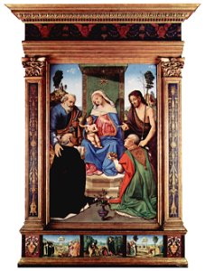 Piero di Cosimo - Madonna and Child Enthroned with Ss. Peter, John the Baptist, Dominic, and Nicholas of Bari. Free illustration for personal and commercial use.