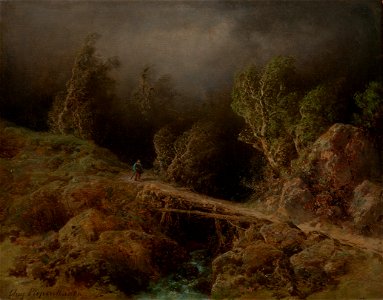 August Piepenhagen - Steg über einen Waldbach während eines Sturms