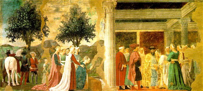 Piero, arezzo, Adoration of the Holy Wood and the Meeting of Solomon and the Queen of Sheba 01