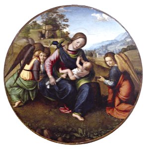 Piero di Cosimo - Madonna con Bambino e angeli, Collezione Moretti. Free illustration for personal and commercial use.
