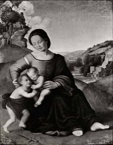 Piero di Cosimo - Madonna con Bambino e san Giovannino, E. Frascione. Free illustration for personal and commercial use.