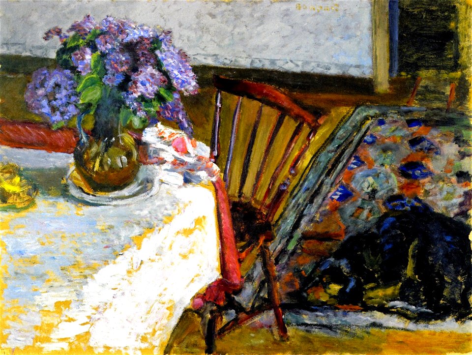 Pierre Bonnard Interior, The Dog, Black, and Bouquet of Lilacs
