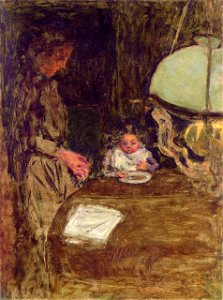 Pierre Bonnard The Baby's Dinner with a Green Lamp