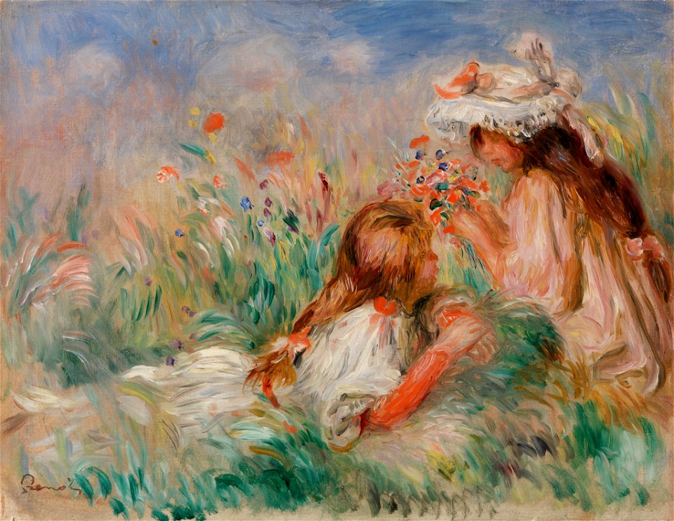 Pierre-Auguste Renoir - Girls in the Grass Arranging a Bouquet (Fillette couchée sur l'herbe et jeune fille arrangeant un bouquet) - BF155 - Barnes Foundation