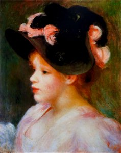 Pierre-Auguste Renoir - Jeune Fille au chapeau rose et noir. Free illustration for personal and commercial use.