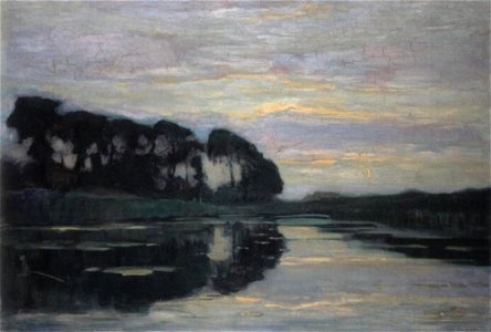 Piet Mondriaan - Farmstead on the Gein screened by tall trees, ultramarine sky with yellow ray of sunset - A495 - Piet Mondrian, catalogue raisonné