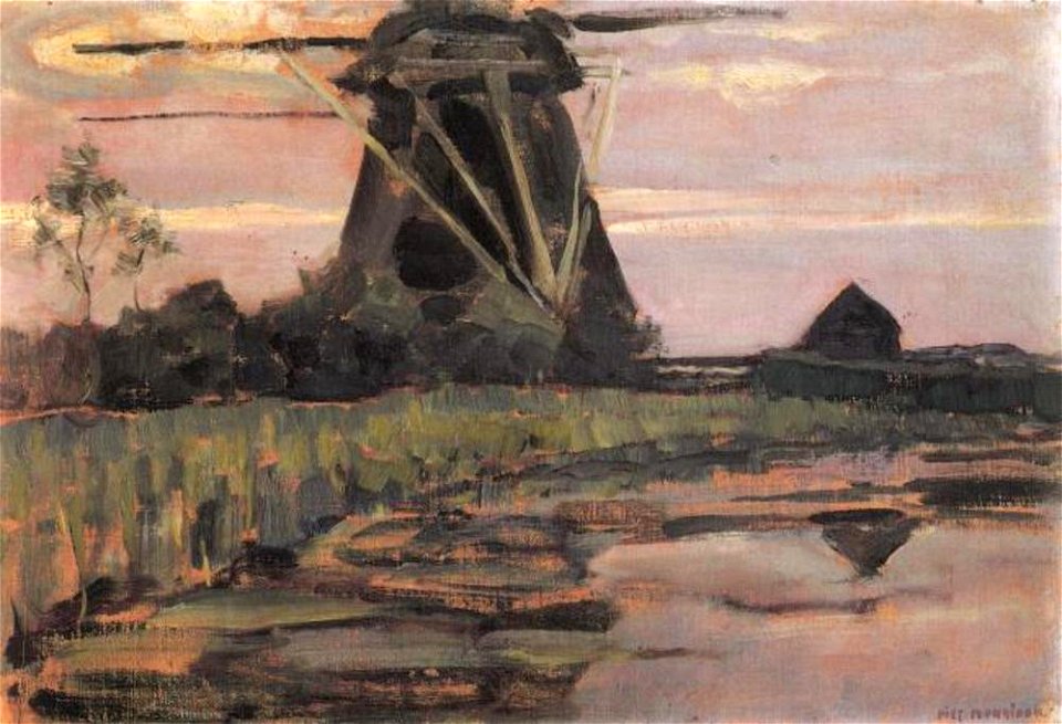 Piet Mondriaan - Oostzijdse mill viewed from downstream with streaked pinkish-blue sky - A404 - Piet Mondrian, catalogue raisonné