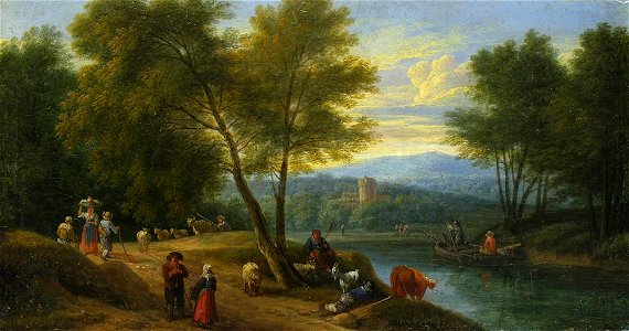 Pieter Bout - River landscape with animals and people. Free illustration for personal and commercial use.
