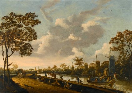Pieter Bout - A Landscape with a Barge Being Towed along a Canal. Free illustration for personal and commercial use.
