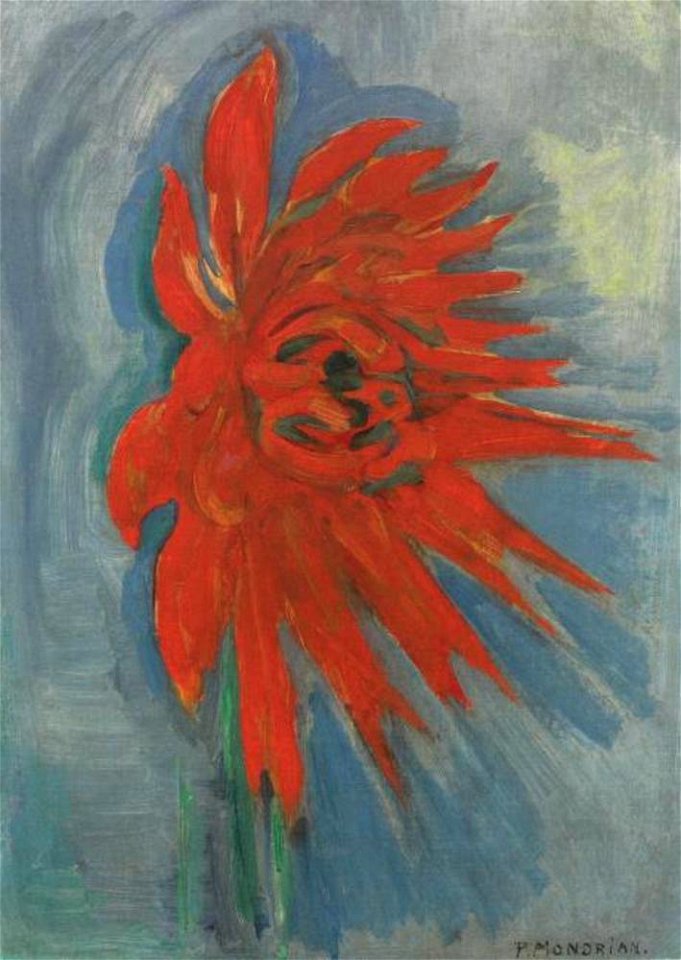 Piet Mondriaan - Red chryanthemum on blue background - A609 - Piet Mondrian, catalogue raisonné