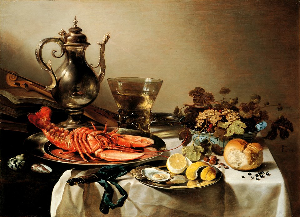 Pieter Claesz - Tafel mit Hummer, Silberkanne, großem Berkemeyer, Früchteschale, Violine und Büchern