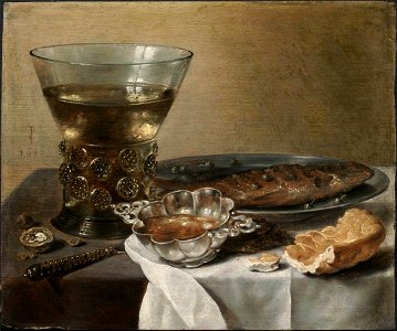 Pieter Claesz. - Still Life with Silver Brandy Bowl, Wine Glass, Herring, and Bread - 13.459 - Museum of Fine Arts