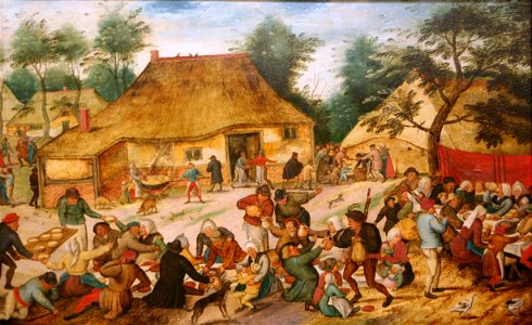 Pieter Brueghel de Jonge - Bruiloftsmaal voor een boerenhuis. Free illustration for personal and commercial use.