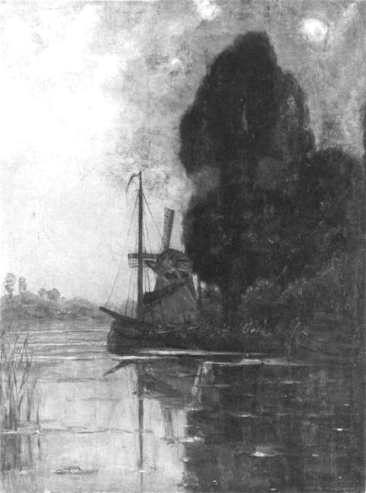 Piet Mondriaan - Windmill with tall trees and moored barges - A425 - Piet Mondrian, catalogue raisonné
