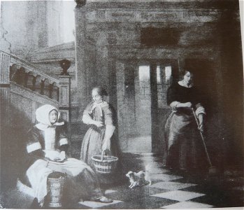 Pieter de Hooch - A Woman Paying a Girl and a Woman Sweeping. Free illustration for personal and commercial use.
