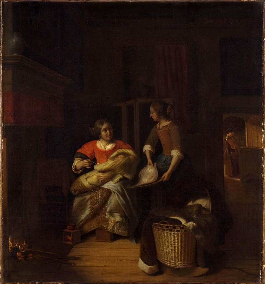 Pieter de Hooch - Lady with baby and maid showing her a flat fish Cat501