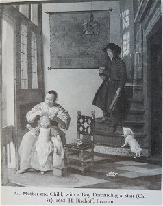 Pieter de Hooch - Mother and Child with a Boy descending a Stair. Free illustration for personal and commercial use.
