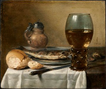 Pieter Claesz. - Still Life with Stoneware Jug, Wine Glass, Herring, and Bread - 13.458 - Museum of Fine Arts. Free illustration for personal and commercial use.