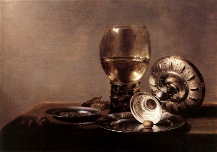 Pieter Claesz. - Still-life with Wine Glass and Silver Bowl - WGA4963. Free illustration for personal and commercial use.