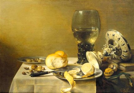 Pieter Claesz. - Stilleven met tazza, roemer, brood en citroen - 1125 - Mauritshuis. Free illustration for personal and commercial use.